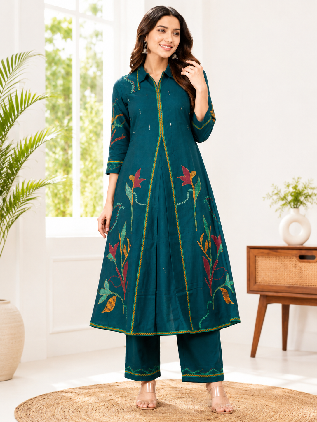 Elegant Teal Floral Printed A-Line Frock & Pant Set