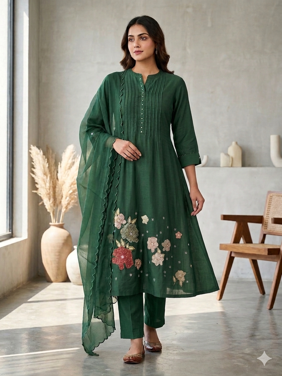 Deep Green A-Line Kurta Set with Floral Applique Embroidery & Scalloped Dupatta