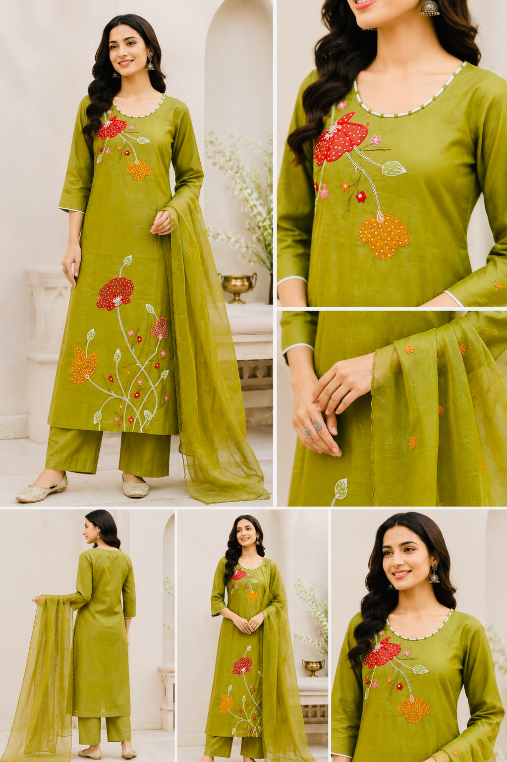 Premium Pure Mul Chanderi Olive Green Straight Cut Embroidered 3-Piece Suit Set