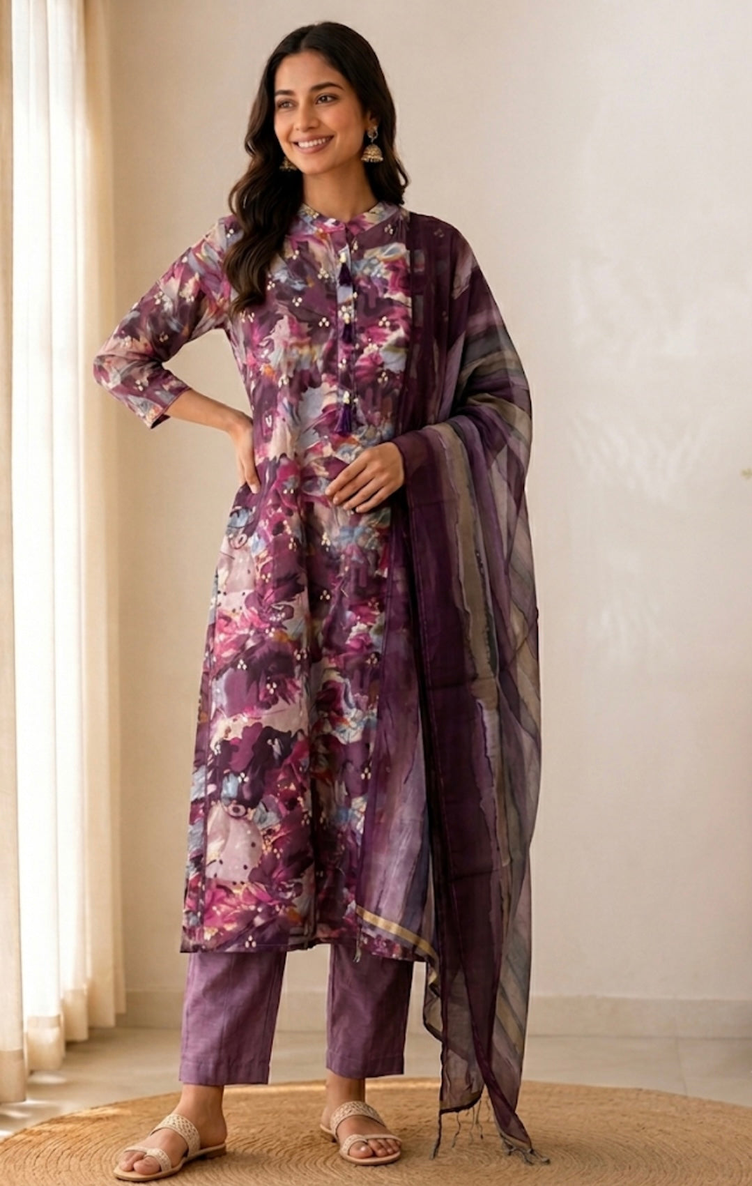 Royal Plum Floral Mul Chanderi 3-Piece Suit Set with Dupatta