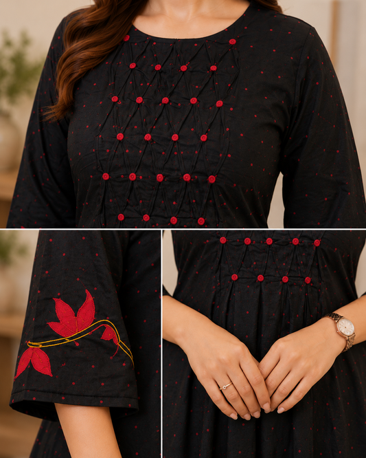 Elegant Black Embroidered Cotton Dress – Jamdhani Handloom