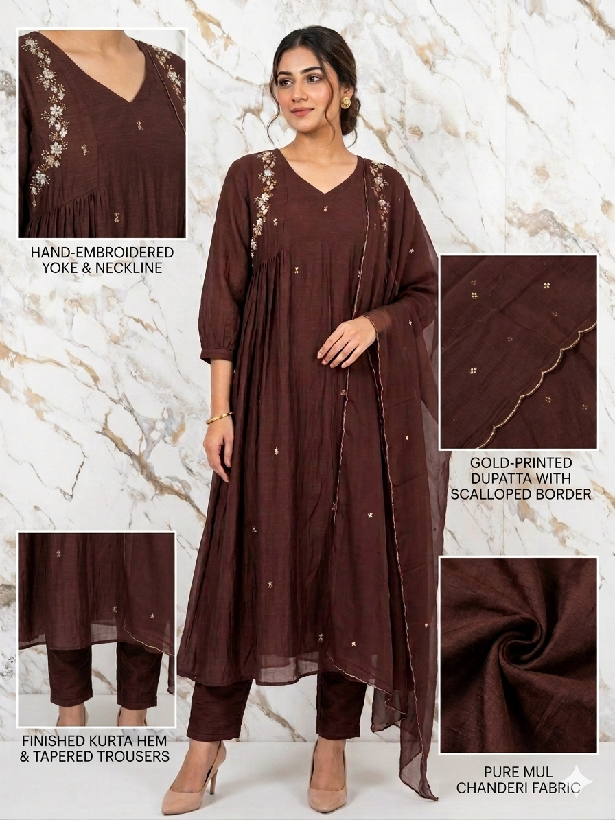 Chocolate Brown Pure Mul Chanderi Anarkali Kurta Set with Organza Dupatta