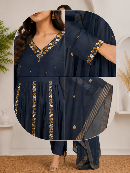 Midnight Blue Embroidered 3-Piece Anarkali Set with Dupatta