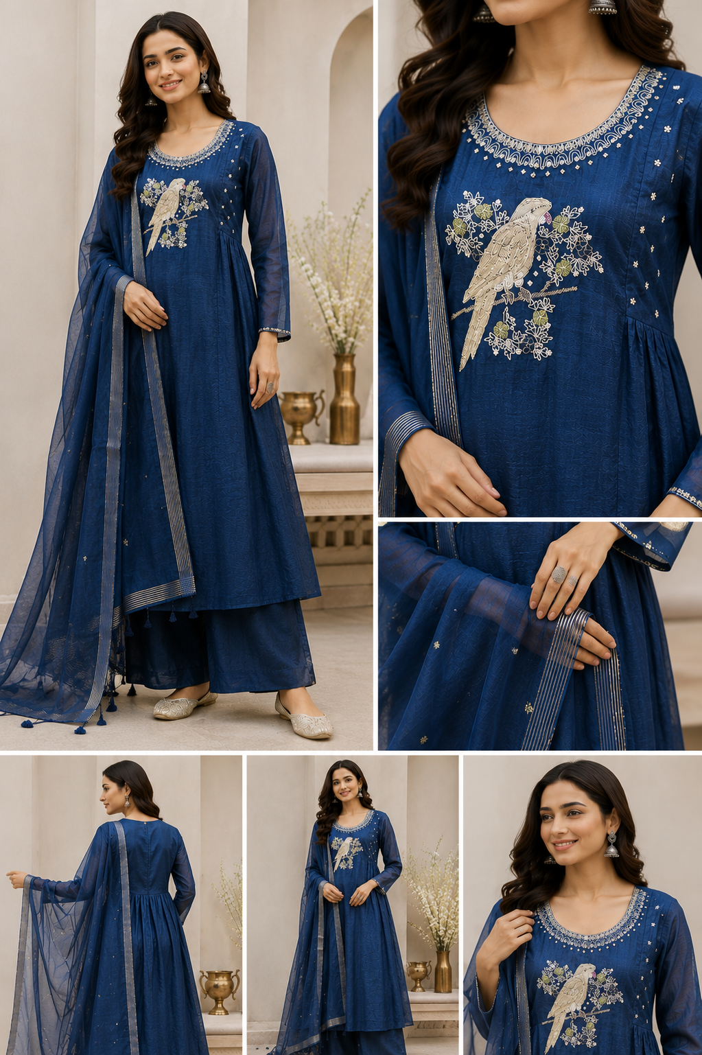 Premium Mul Chanderi Navy Blue Embroidered 3-Piece Suit Set