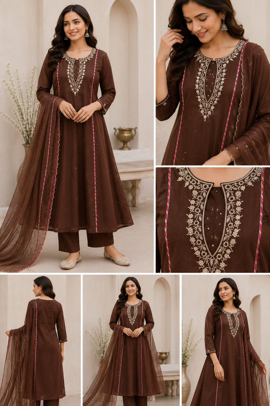 Premium Pure Mul Chanderi A-Line 3-Piece Suit Set | Hand Embroidered Neck | Chocolate Brown