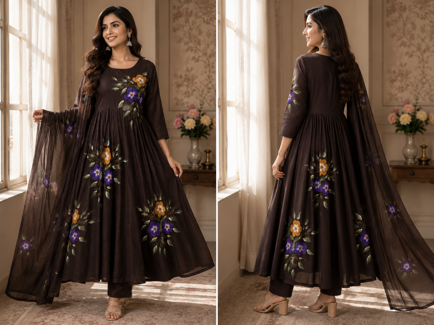 Chocolate Brown Floral Printed Anarkali Suit Set