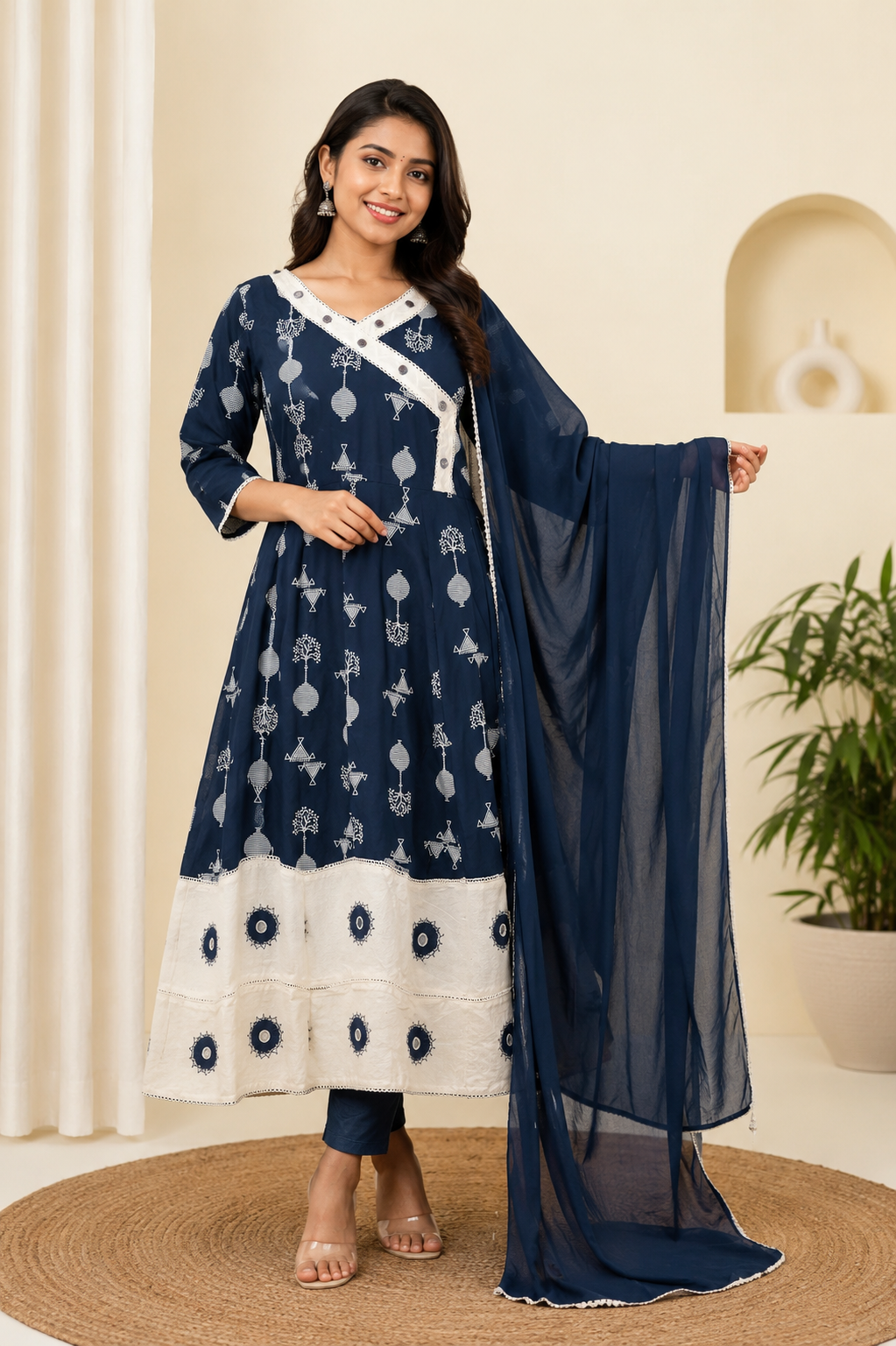 Midnight Blue Printed Cotton 3-Piece Suit Set with Dupatta