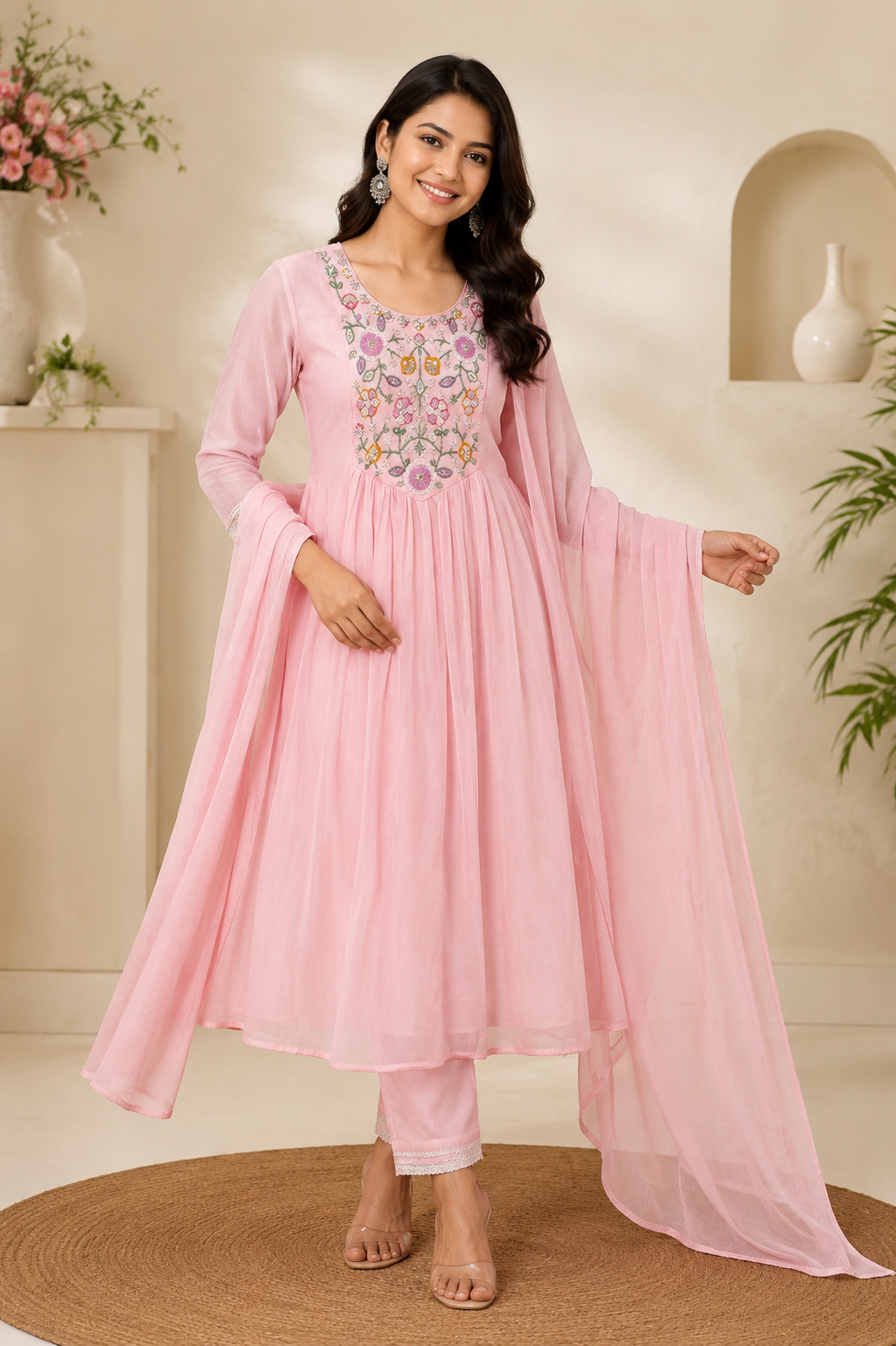 Blush Pink Embroidered Anarkali 3-Piece Suit Set with Dupatta- mul chenderi