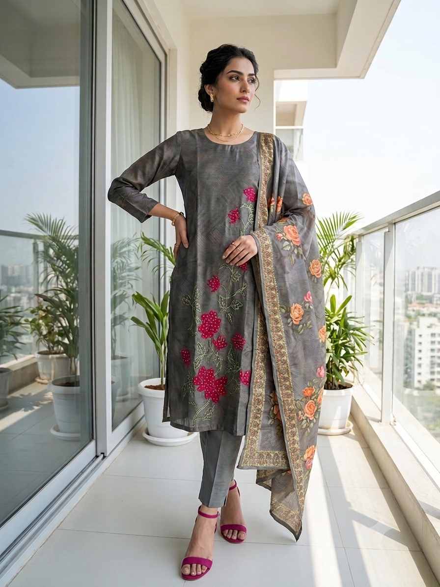Elegant Charcoal Chanderi Kurta Set with Handcrafted Floral Appliqué