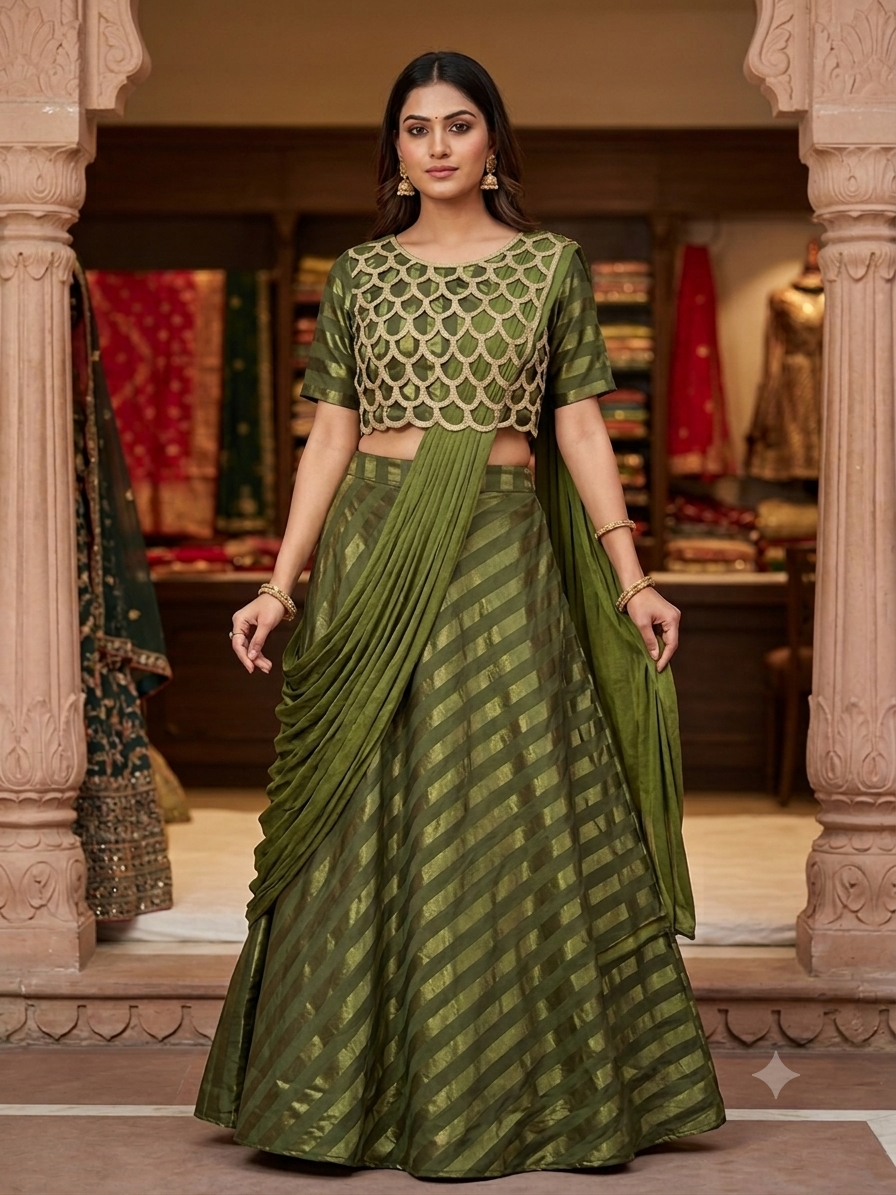 Moss & Gold Cutwork Concept Lehenga Saree