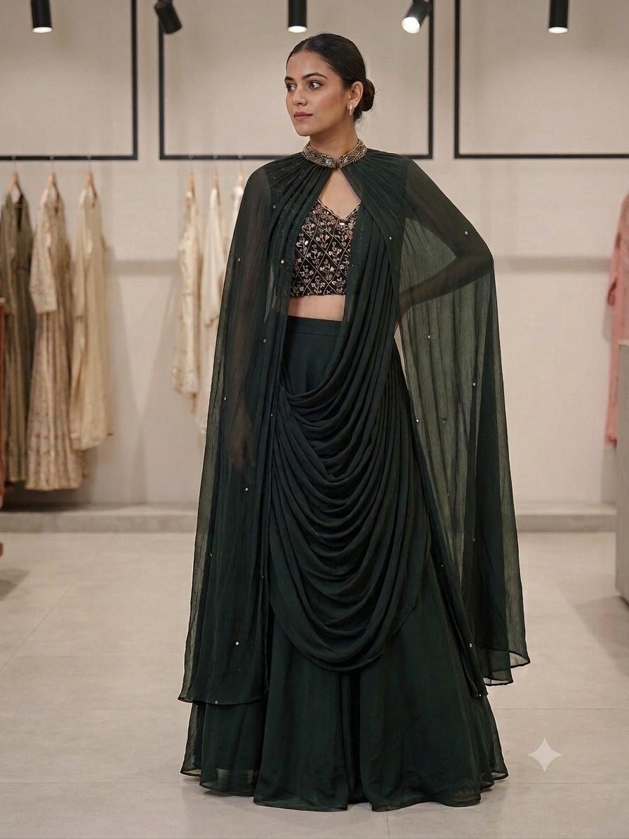 Midnight Moss Concept Lehenga Set with Embellished Halter Cape & Built-In Drape