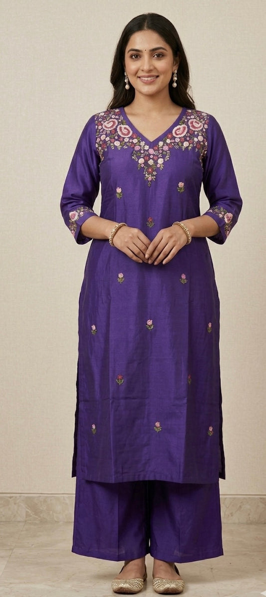 Purple Pure cotton Silk Hand-Embroidered Kurta Set