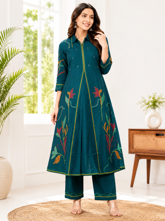 Elegant Teal Floral Printed A-Line Frock & Pant Set