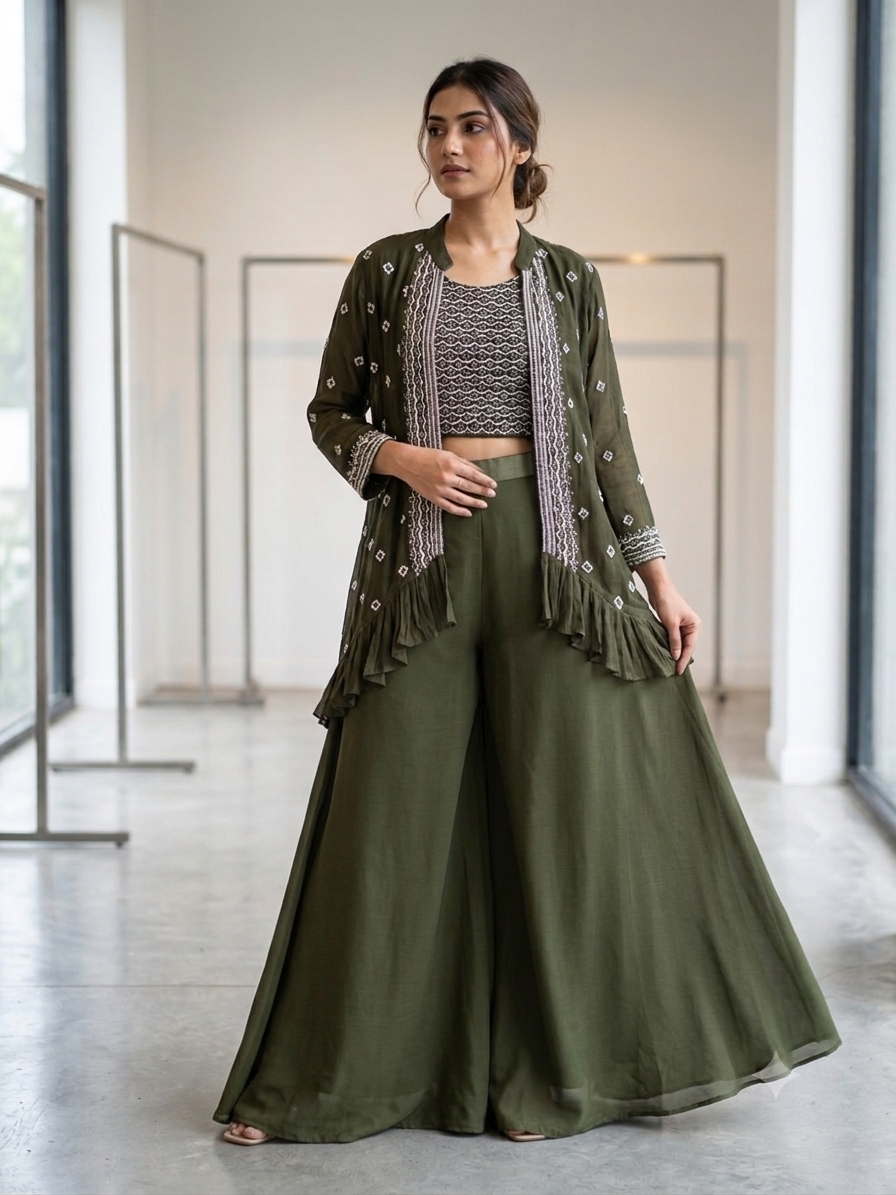 Emerald Edge Palazzo & Jacket Three-Piece Set