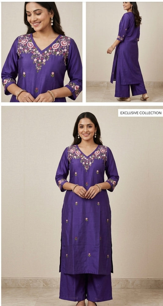 Purple Pure cotton Silk Hand-Embroidered Kurta Set