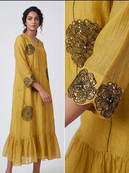 Mustard Yellow Floral Embroidered 3/4 Length A-Line Frock