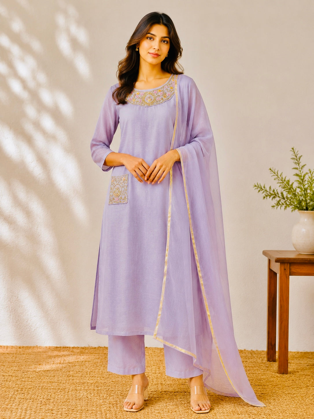 Premium mul chenderi Lavender 3 peice set