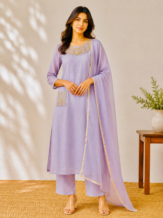 Premium mul chenderi Lavender 3 peice set