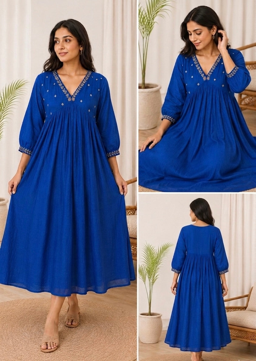 Blue Mull Kota 3/4th Length Embroidered Frock