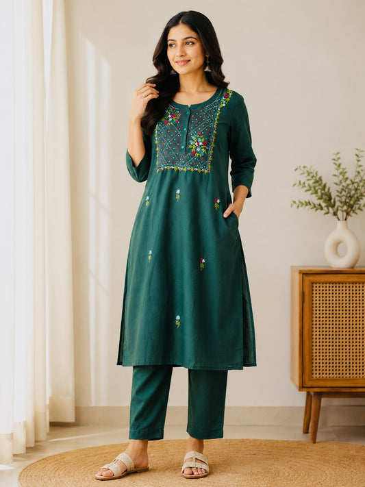 Forest Green Embroidered Cotton Blend Cord Set for Women