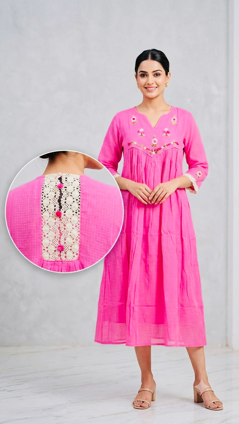 Embroidered Pink Cotton-Blend Midi Dress with Lace Accents