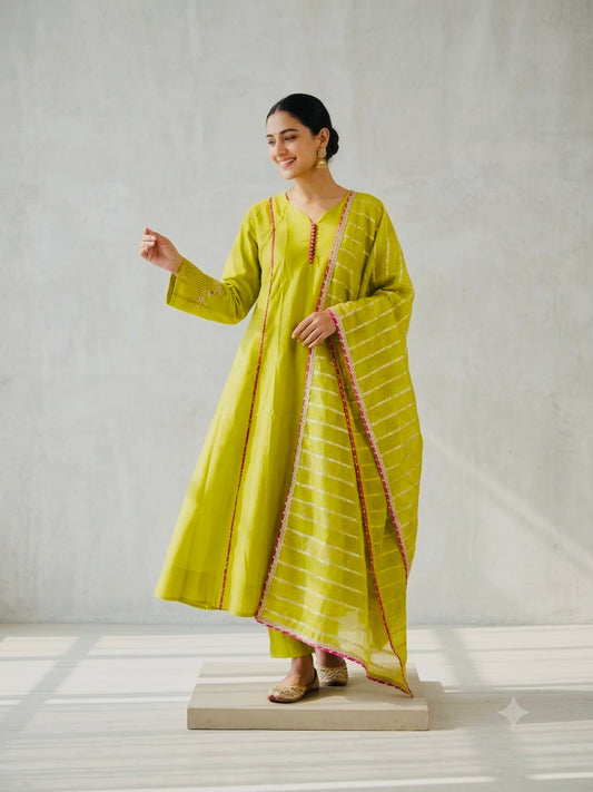 Mul Chanderi Lime Gilded Anarkali Suit