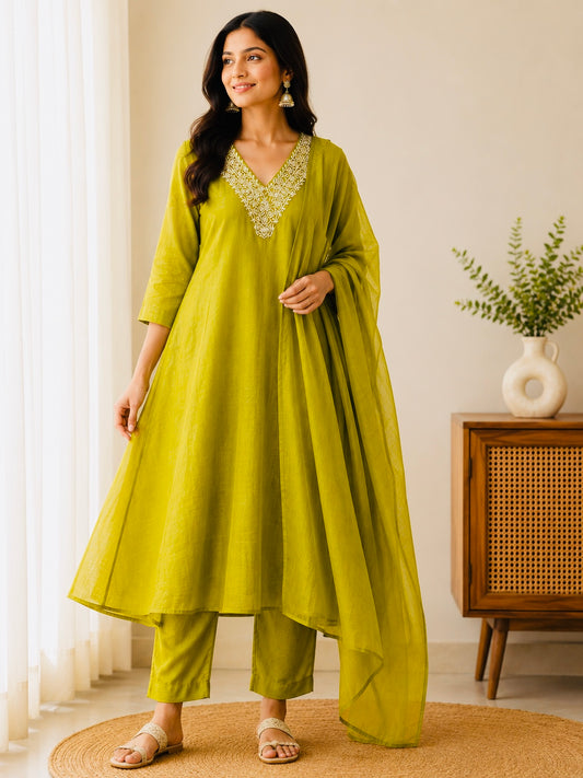 Lime Green A-Line Mul Chenderi 3-Piece Suit Set