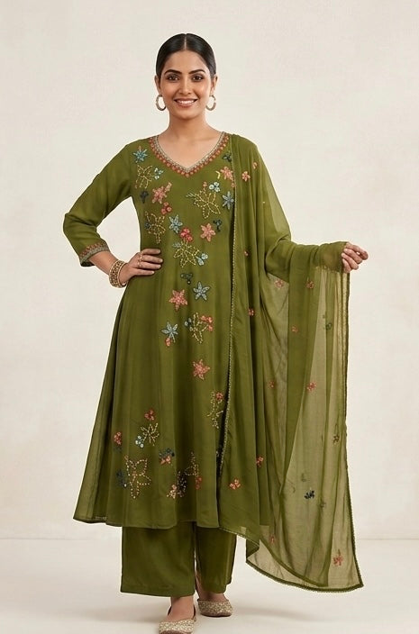 Pastel Meadow Embroidered A-Line Suit Set