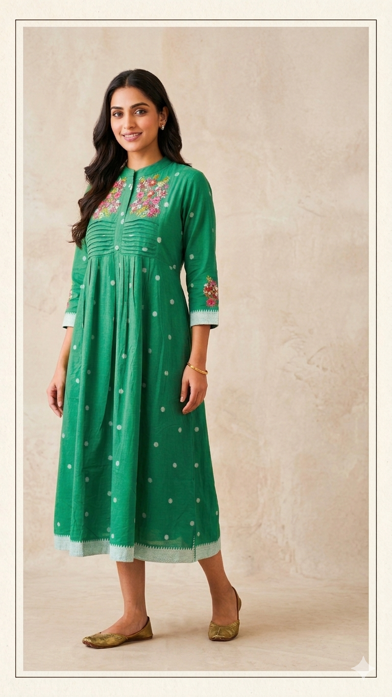 Aura Emerald Floral Embroidered A-Line Kurta
