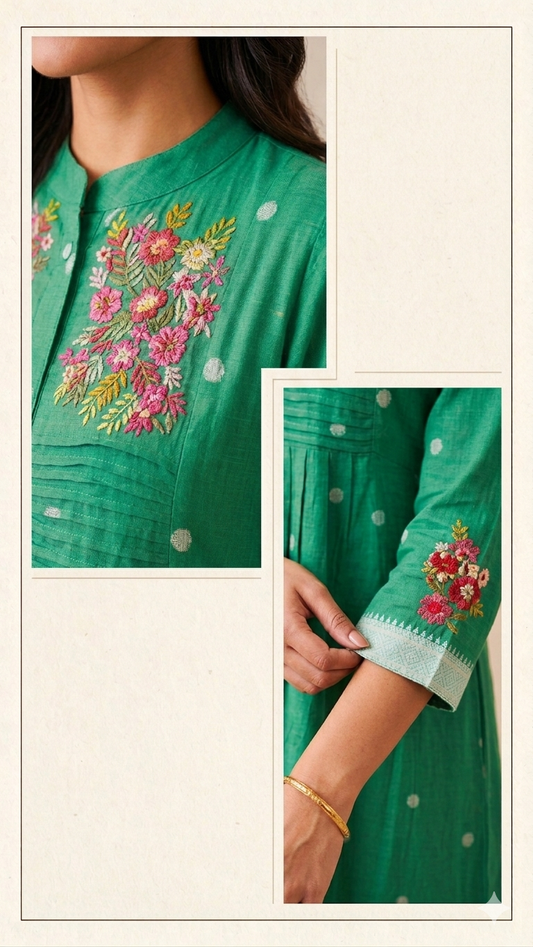 Aura Emerald Floral Embroidered A-Line Kurta