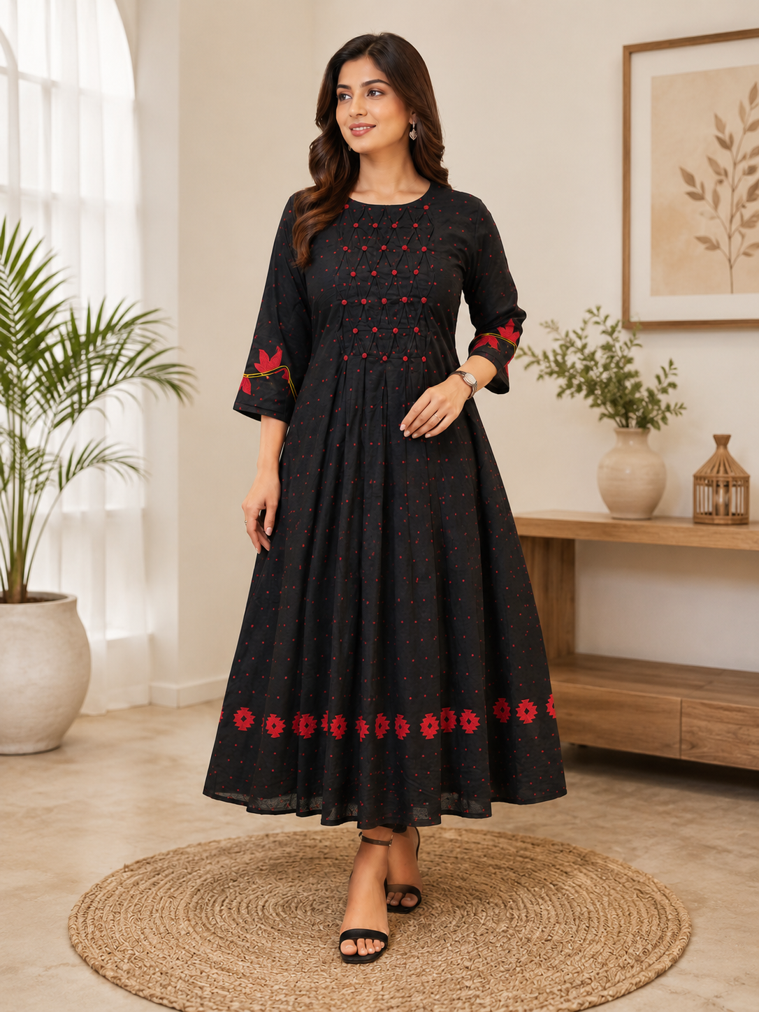Elegant Black Embroidered Cotton Dress – Jamdhani Handloom