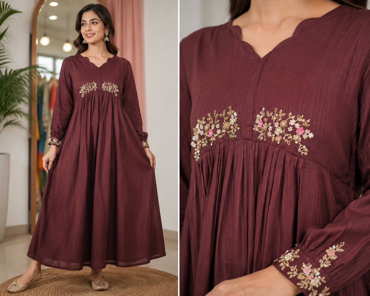 Chocolate Brown Embroidered Flared Maxi Dress