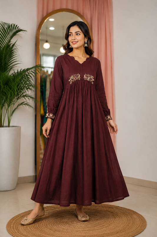 Chocolate Brown Embroidered Flared Maxi Dress