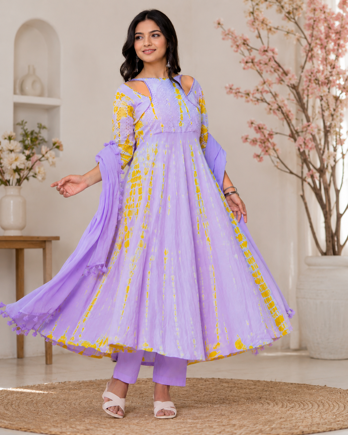 Lavender & Mustard Tie-Dye Embroidered Anarkali Kurta Set with Dupatta