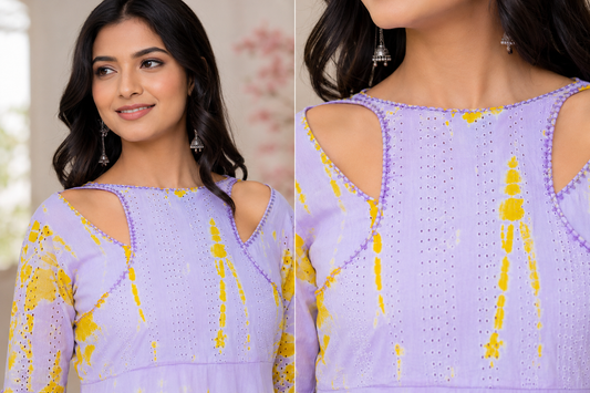 Lavender & Mustard Tie-Dye Embroidered Anarkali Kurta Set with Dupatta