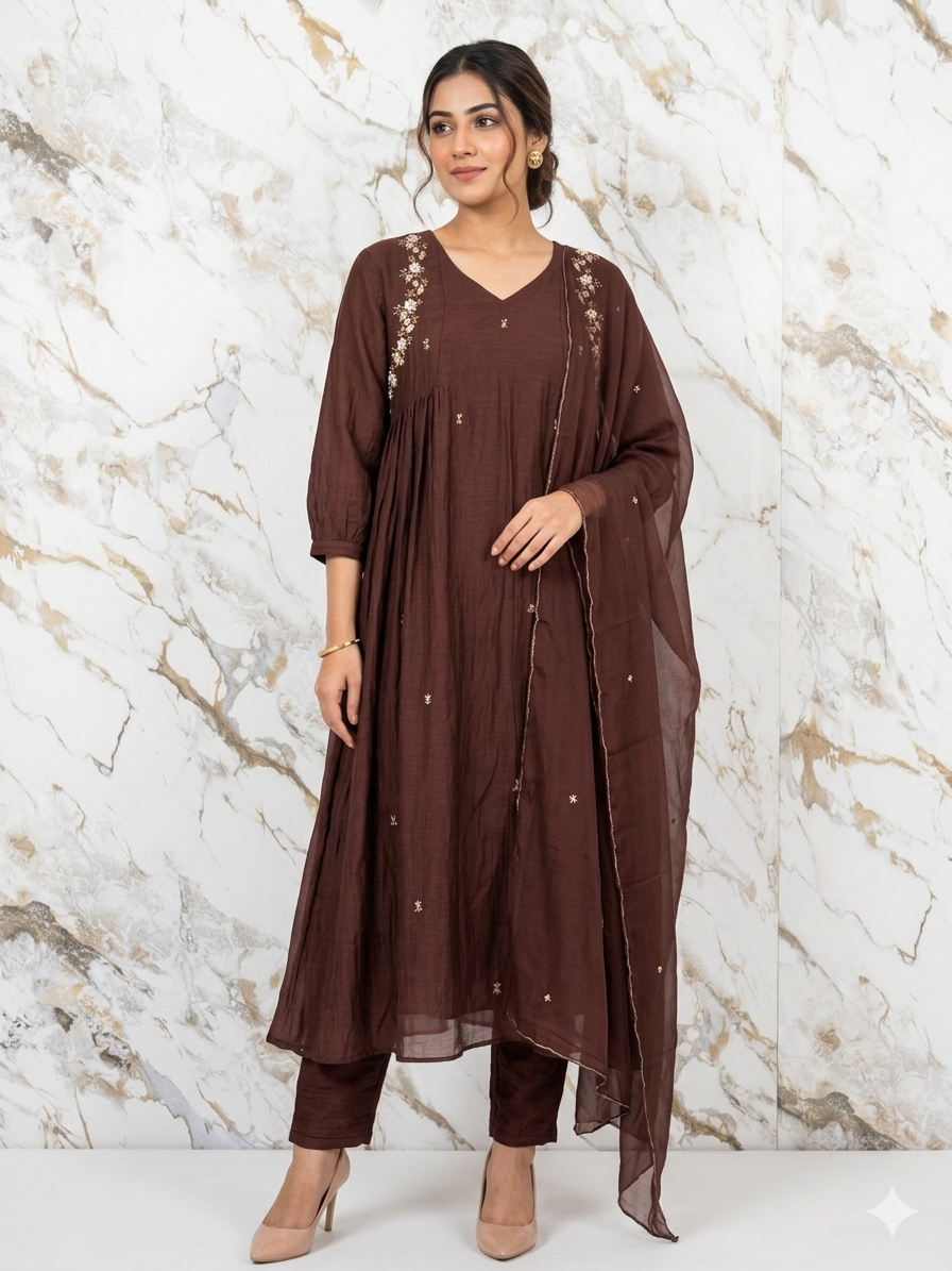 Chocolate Brown Pure Mul Chanderi Anarkali Kurta Set with Organza Dupatta