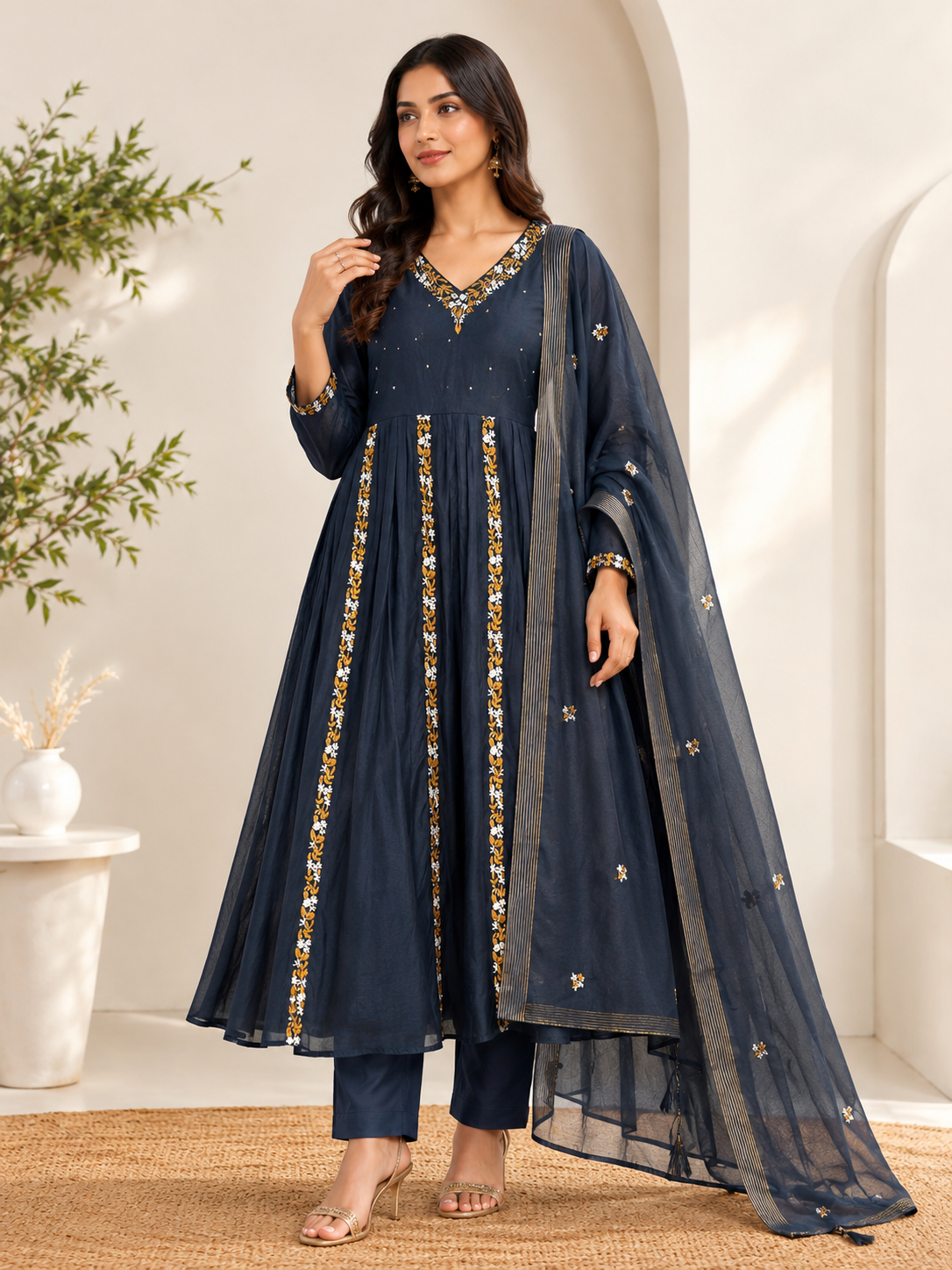 Midnight Blue Embroidered 3-Piece Anarkali Set with Dupatta