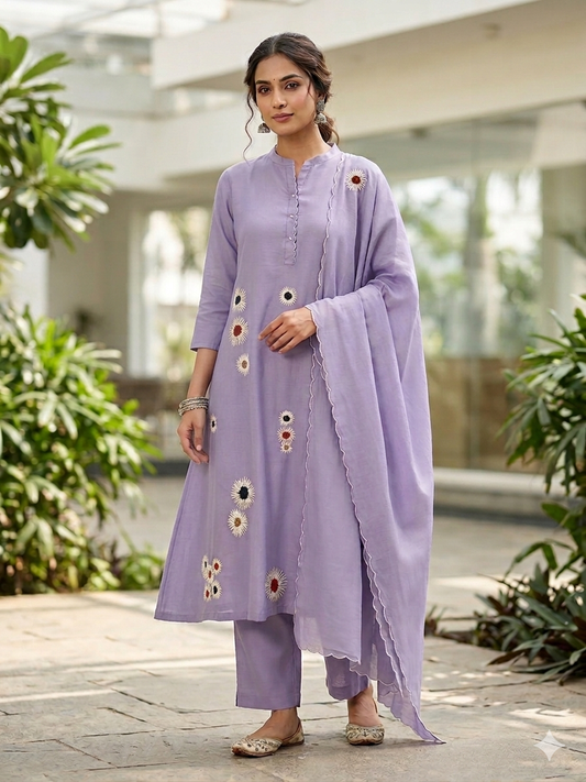 Lavender Blossom Hand-Embroidered 3-Piece