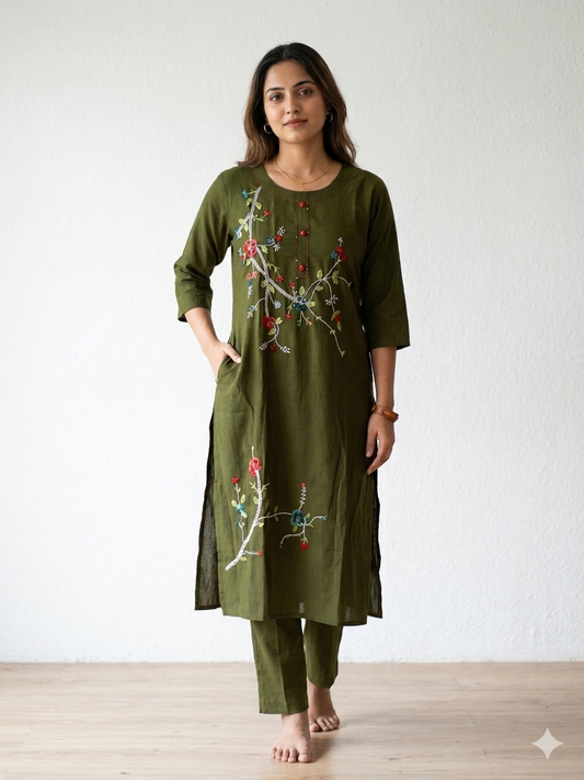 Artisan Vine Floral Embroidered Olive Green Kurta Set 