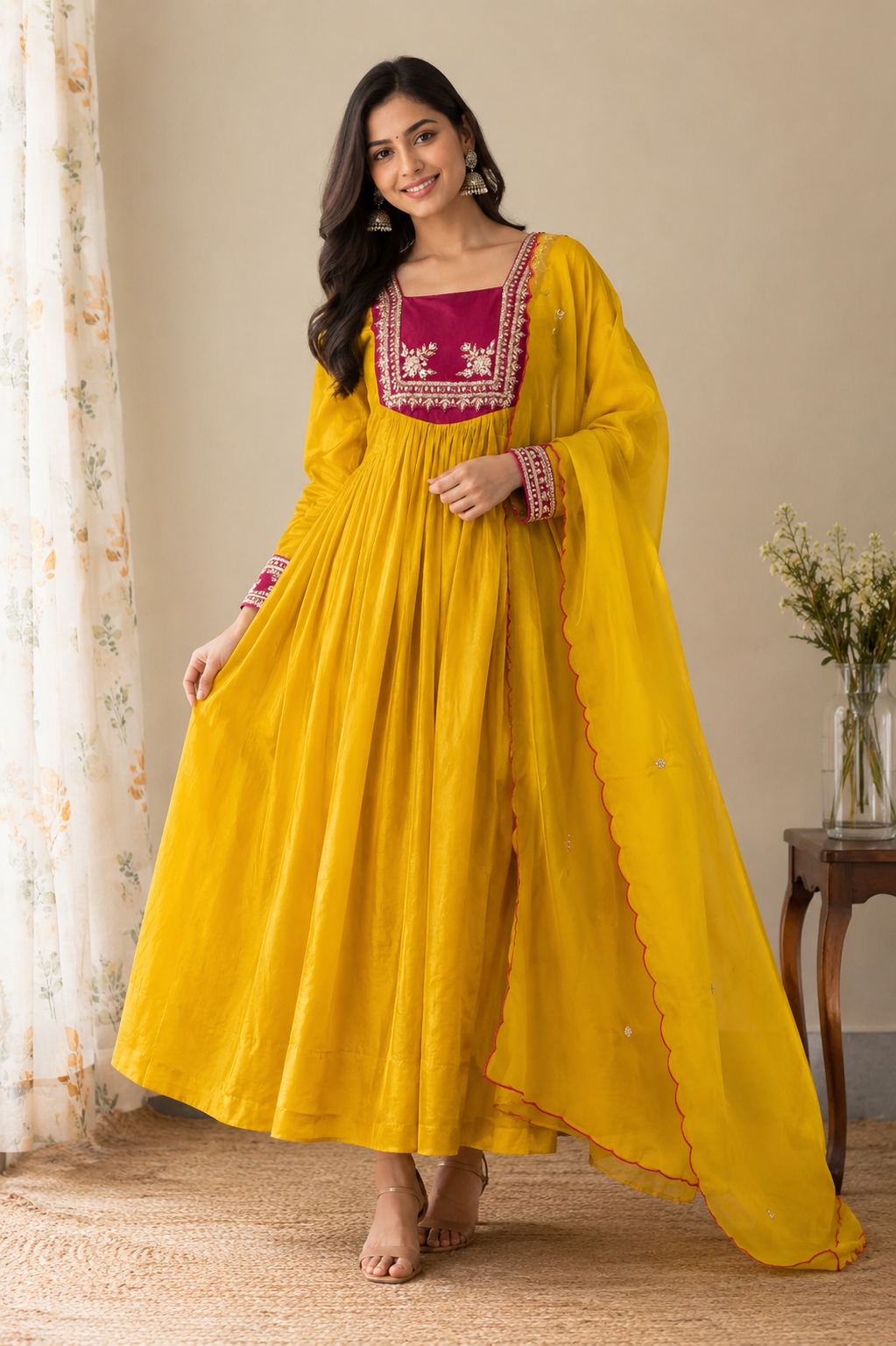 Sunshine Yellow Mul Chanderi Anarkali 3-Piece Suit Set with Handwork Yoke