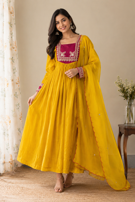 Sunshine Yellow Mul Chanderi Anarkali 3-Piece Suit Set with Handwork Yoke