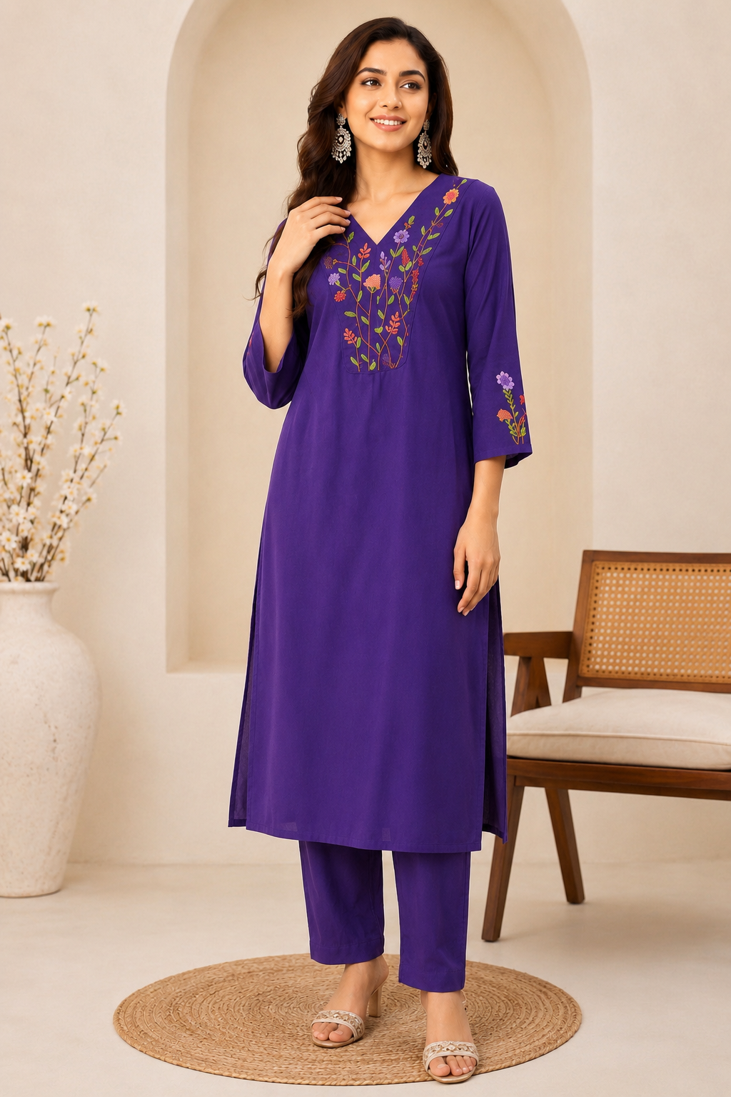 Royal Purple Pure Cotton Silk Embroidered Kurta Set