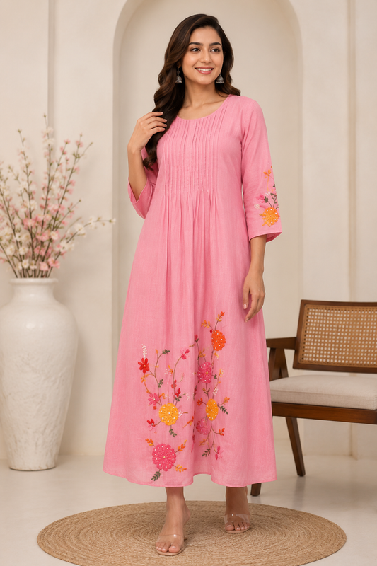 Blush Pink Floral Embroidered Mul Chanderi Maxi Frock