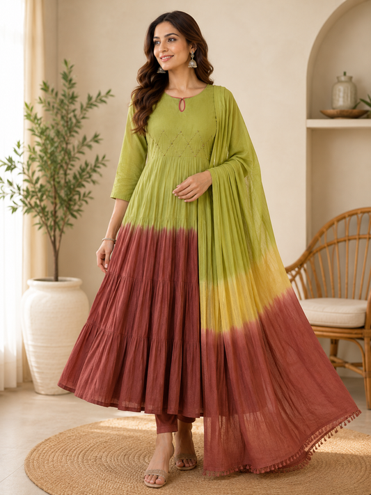 Dual Tone Olive Green & Rust Brown Mull Cotton Anarkali Suit Set