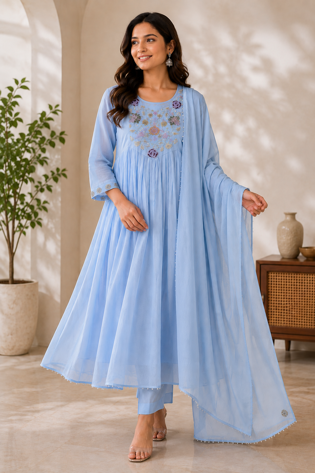 Powder Blue Mul Chanderi Embroidered 3 peice set