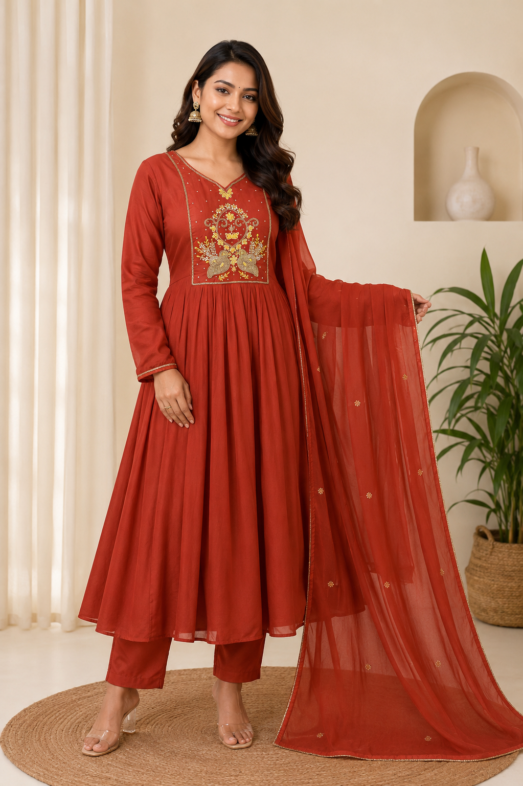 Create an image where model wearing this dress to post in website