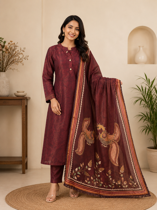 Wine Self-Textured 3-Piece Suit Set with Designer Peacock Dupatta