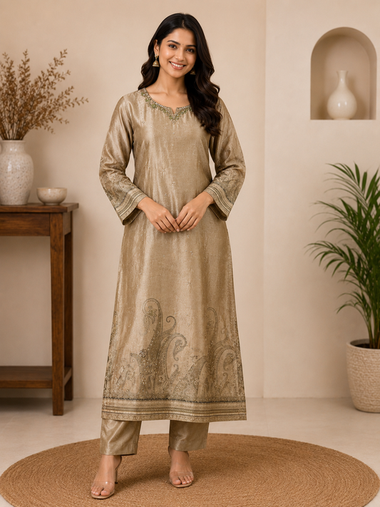 Champagne Gold Chanderi Straight Kurta Set