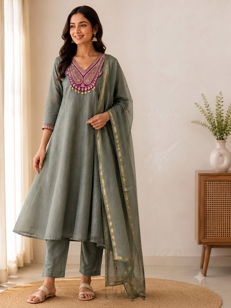 Effortless Grace ✨ | The Classic Grey Mul Chanderi Set