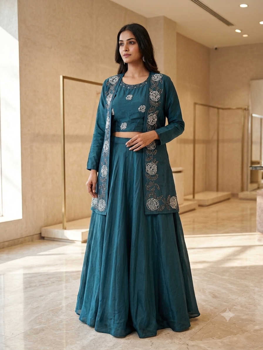 Teal Bloom Fusion Lehenga Set